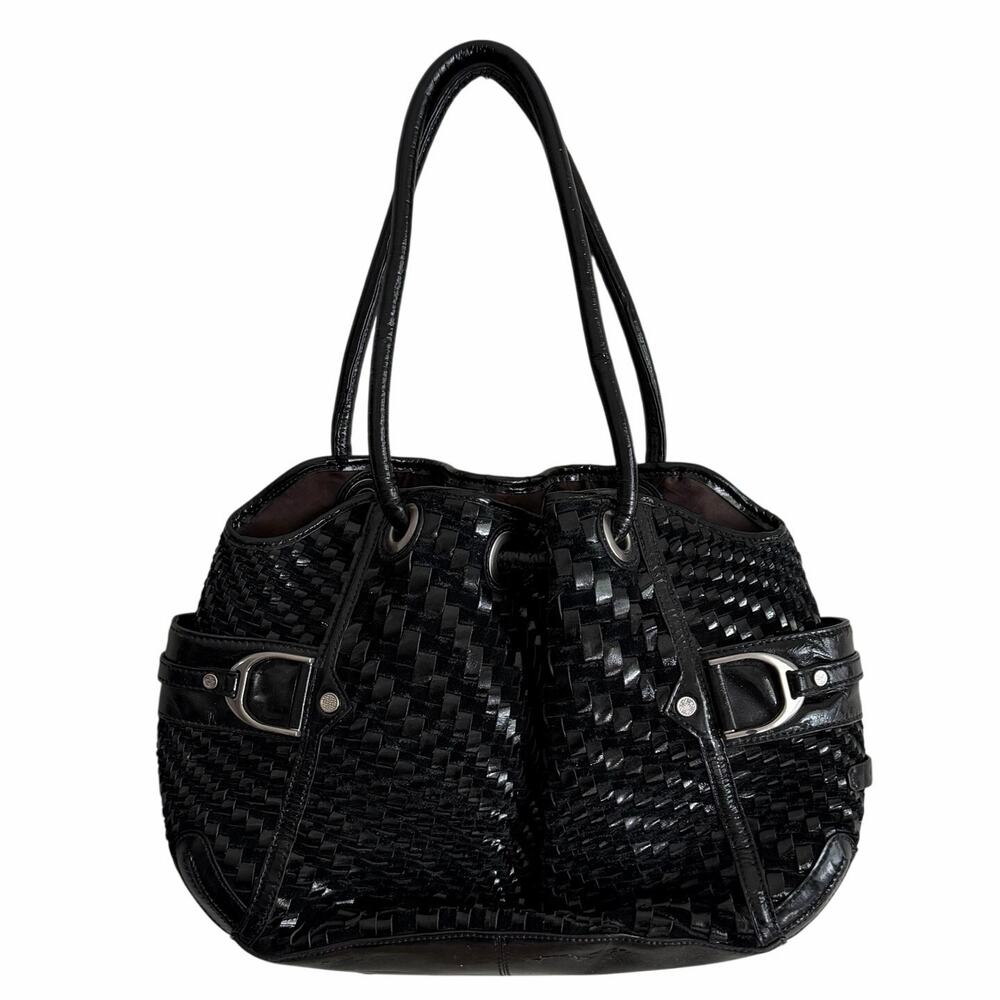Cole Haan Genevieve Denney Black Woven Patent Leather Suede Hobo Tote Bag Purse